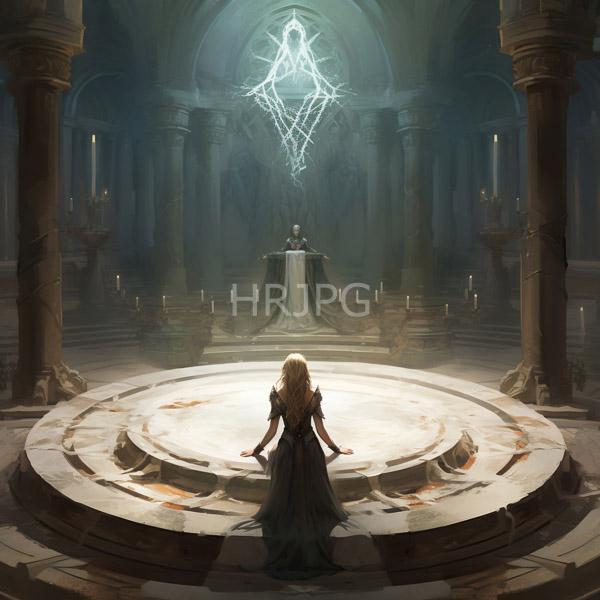 High Resolution: Blonde woman in a flowing dark dress stands on a circular illuminated stone platform in a dimly lit grand ancient temple facing a glowing celestial symbol download. | HRJPG.com