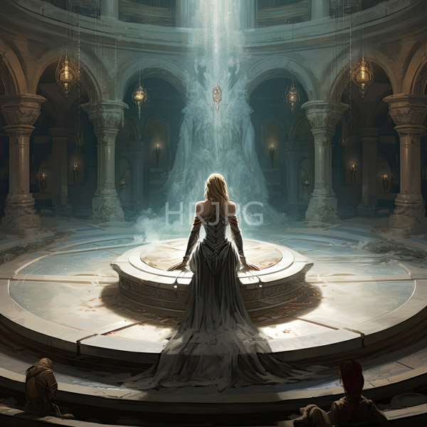 High Resolution: Blonde woman in an elegant off-shoulder silver gown stands on a circular illuminated platform in a grand ancient-style hall facing a misty celestial scene download. | HRJPG.com