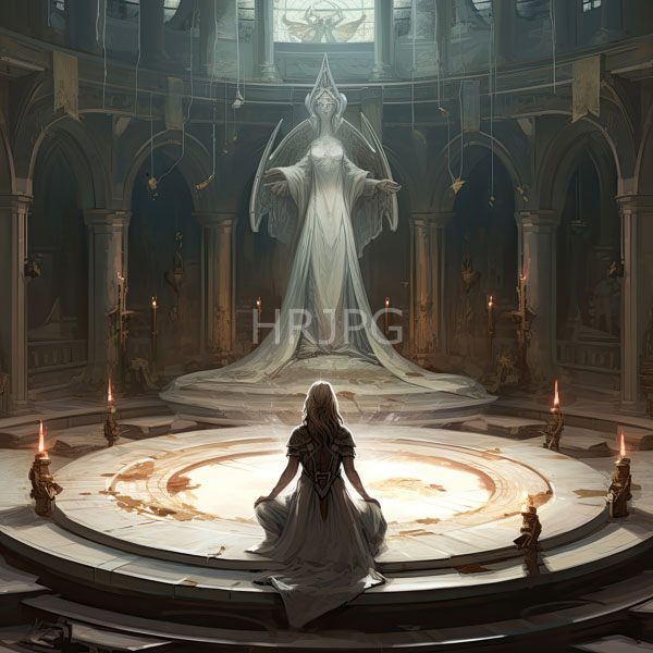 High Resolution: Mystical dimly-lit temple features a woman with long wavy blonde hair dressed in a flowing white gown sitting at the center of a glowing stone platform download. | HRJPG.com