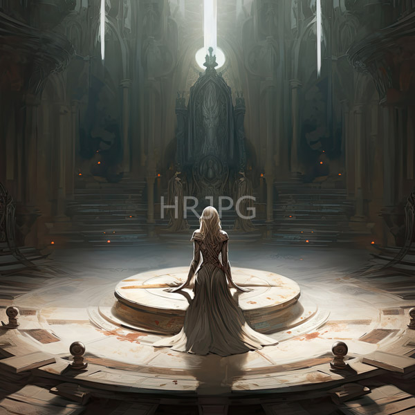 High Resolution: Lone white-haired woman in a flowing backless gown stands on a circular stone platform in a dimly lit grand cathedral facing a dark ornate throne download. | HRJPG.com