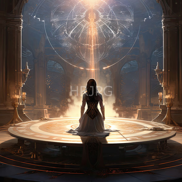 High Resolution: Woman with long wavy brown hair wearing a white flowing gown and a dark corset kneels on a circular illuminated platform in a grand ancient temple download. | HRJPG.com