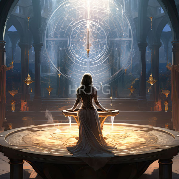 High Resolution: Woman with long wavy hair dressed in a flowing ornate gown is sitting at the center of a circular illuminated stone platform facing a large glowing magical circle download. | HRJPG.com