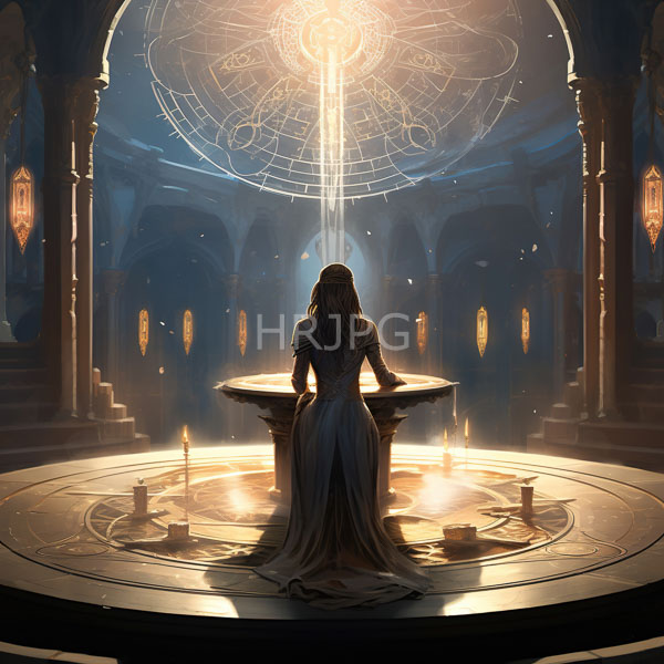 High Resolution: Woman with long brown hair dressed in a flowing dark blue gown stands before a glowing circular altar in a dimly lit grand cathedral-like room download. | HRJPG.com