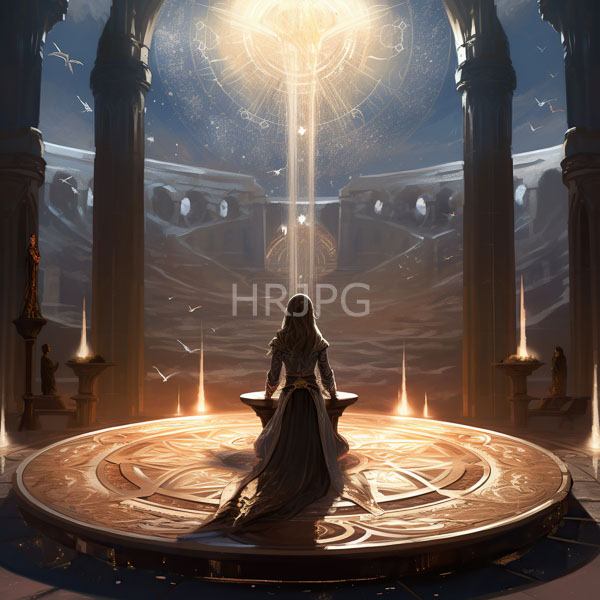 High Resolution: Lone long-haired woman in a flowing dark robe is seated at the center of a glowing circular magical symbol on a stone platform facing a radiant celestial light download. | HRJPG.com