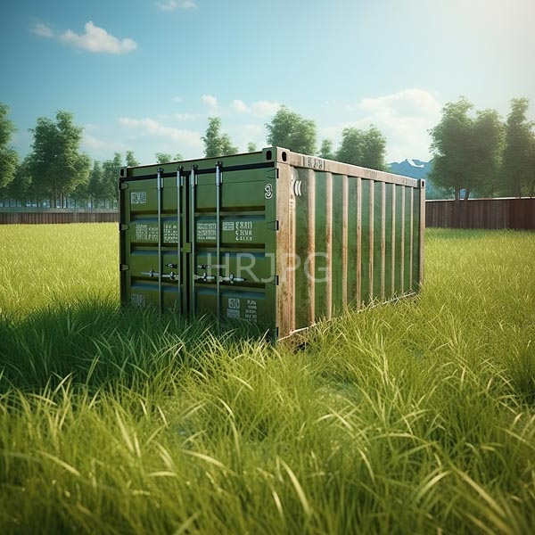 High Resolution: Green metal shipping container with "FRT" and "S" markings is situated in a sunlit grassy field showing a rectangular weathered structure with vertical slats download. | HRJPG.com