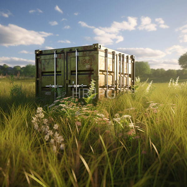 High Resolution: Weathered green metal crate with rusted hinges and latches is partially obscured by tall green grass and white wildflowers centered in a sunlit field download. | HRJPG.com