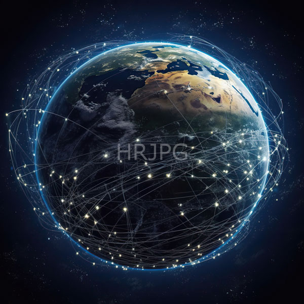 High Resolution: Earth from space showcases a detailed view of continents and oceans encircled by a network of glowing white lines and dots resembling a complex web download. | HRJPG.com