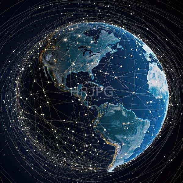 High Resolution: Earth from space showcases a detailed illuminated network of white stars and lines across the globe with continents including North and South America visible download. | HRJPG.com