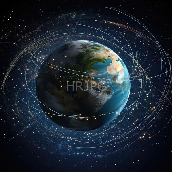 High Resolution: Earth from space shows the planet's blue and green continents with North America and Europe visible surrounded by multiple glowing curved lines representing orbital paths download. | HRJPG.com