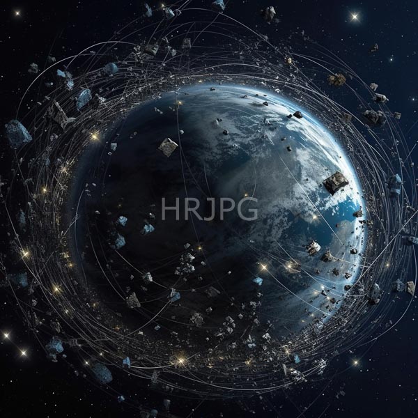 High Resolution: Earth from space shows a detailed view of the planet's curvature with swirling glowing satellite orbits above visible blue oceans and white cloud formations download. | HRJPG.com
