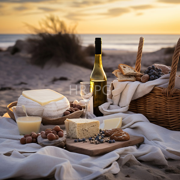 High Resolution: Beach picnic at sunset features a woven basket holding bread grapes and a white cloth with a bottle of white wine and a glass in the center download. | HRJPG.com