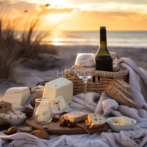 High Resolution: Beach picnic at sunset features a wicker basket holding a bottle of olive oil and a wine glass beside a wooden board displaying cheese bread and grapes download. | HRJPG.com