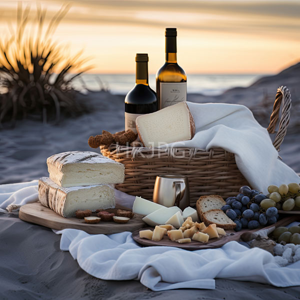 High Resolution: Beach picnic at sunset features a wicker basket with two bottles of wine a wedge of cheese and a white cloth centered in the sand download. | HRJPG.com