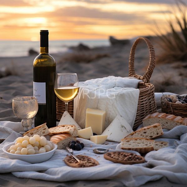 High Resolution: Beach picnic at sunset features a wicker basket with a white cloth holding a bottle of white wine a glass of white grape juice and cheese cubes download. | HRJPG.com