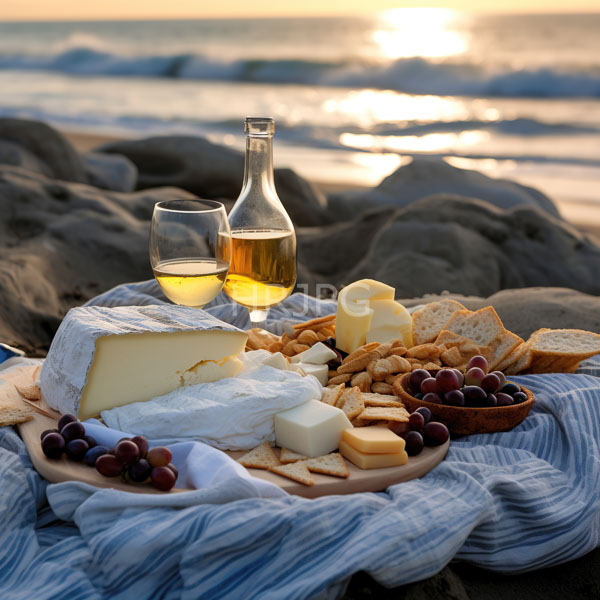 High Resolution: Beach picnic at sunset features a wooden plate with cheese cubes butter crackers and grapes sitting on a blue-striped blanket beside two glasses download. | HRJPG.com