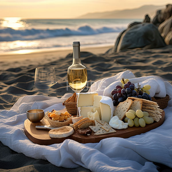 High Resolution: Beach picnic at sunset features a wooden tray on a white cloth holding cheese cubes crackers grapes figs and a small bowl of orange marmalade download. | HRJPG.com