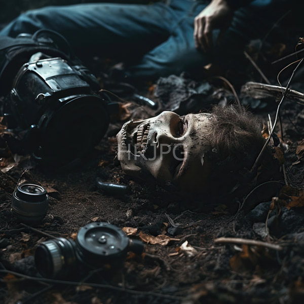 High Resolution: Dark eerie forest scene features a human skull with visible teeth lying on the ground amidst fallen leaves and dirt beside a black camera and lens download. | HRJPG.com