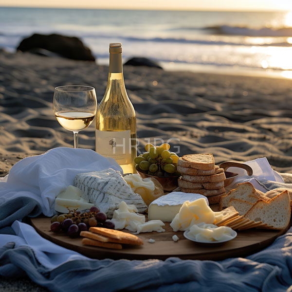 High Resolution: Beach picnic at sunset features a wooden tray holding cheese grapes crackers bread and a bottle of white wine with a glass of white grape juice beside it download. | HRJPG.com