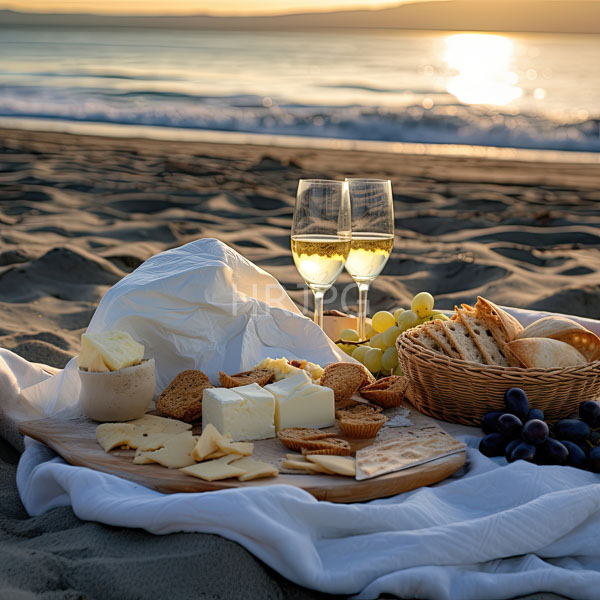 High Resolution: Beach picnic at sunset features a wooden board with cheese crackers and grapes on a white cloth with a wicker basket holding more crackers and grapes download. | HRJPG.com