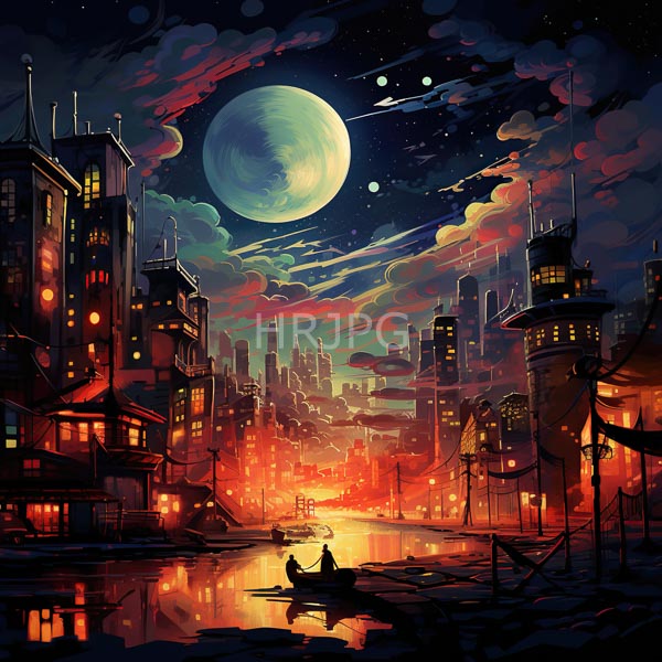 High Resolution: Futuristic neon-lit cityscape at sunset features a large glowing moon dominating the starry sky above silhouetted figures floating in a small boat on a reflective river download. | HRJPG.com
