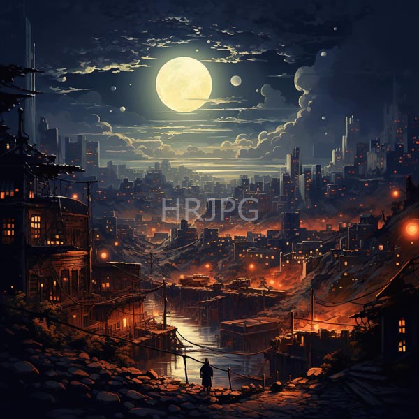 High Resolution: Nocturnal dystopian cityscape under a full moon features a lone figure standing on a rocky hillside gazing at the illuminated industrial city below download. | HRJPG.com