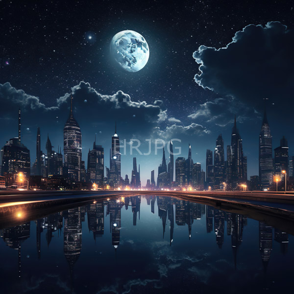 High Resolution: Nighttime cityscape with a reflective waterway features tall skyscrapers with illuminated windows lining the horizon and a full moon dominating the starry sky download. | HRJPG.com
