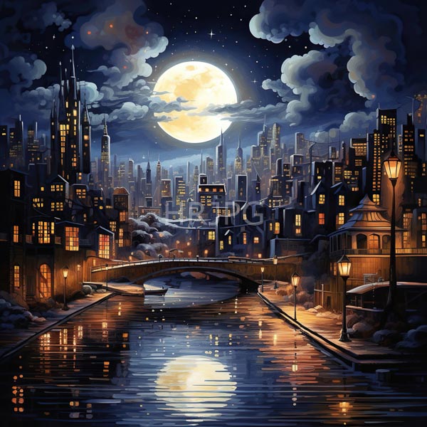 High Resolution: Nighttime cityscape features a full moon illuminating a starry sky above the city with tall illuminated skyscrapers surrounded by a calm river reflection download. | HRJPG.com