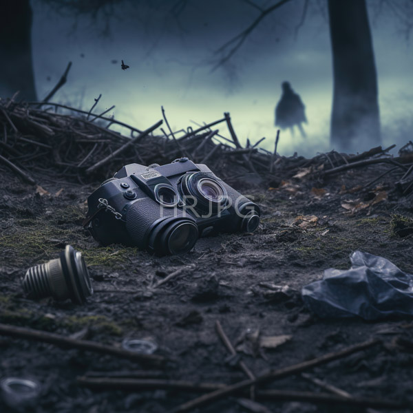 High Resolution: Dark misty forest scene features a black vintage camera lying on mossy rocky ground in the foreground with a textured grip and two lenses download. | HRJPG.com