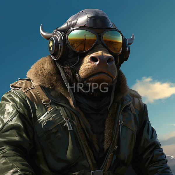 High Resolution: Anthropomorphic bull wearing a leather aviator helmet with reflective goggles brown fur and a green military-style jacket has a serious expression download. | HRJPG.com
