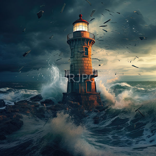 High Resolution: Stormy seascape features a tall stone lighthouse with a red-topped lantern while dark turbulent waves crash dramatically against the rocky base download. | HRJPG.com