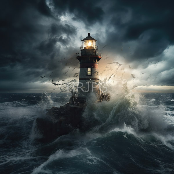 High Resolution: Stormy seascape features a tall cylindrical lighthouse with a black and red striped pattern illuminated by a bright glowing light standing on a rocky base download. | HRJPG.com