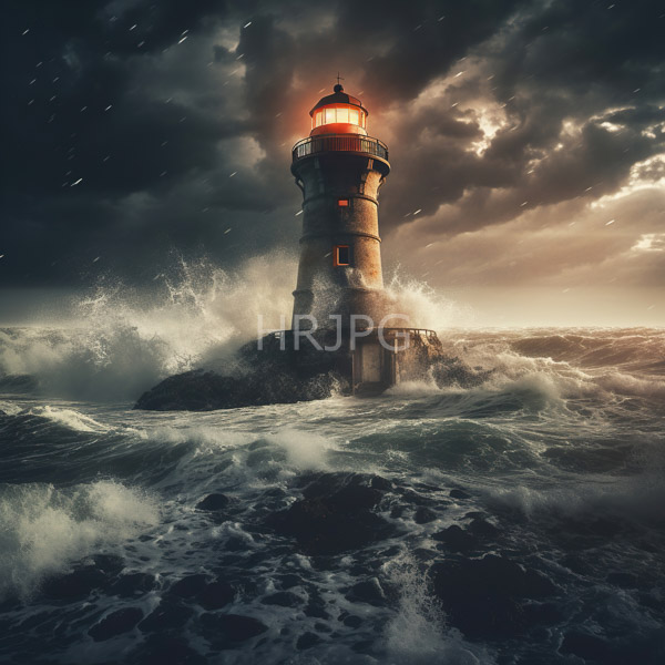 High Resolution: Stormy seascape features a tall cylindrical lighthouse with a glowing red light at the top while dark turbulent waves crash against its rocky base download. | HRJPG.com