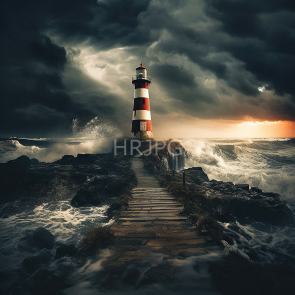 High Resolution: Dramatic seascape features a red-and-white striped lighthouse standing on a rocky pier with dark stormy clouds dominating the sky above a bright orange sunset download. | HRJPG.com