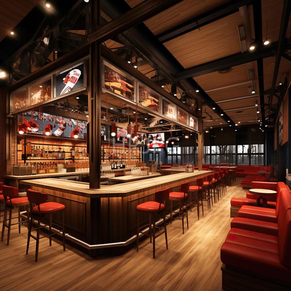 High Resolution: Modern rustic-style bar has a wooden counter red cushioned bar stools a well-stocked liquor shelf beer taps and wall-mounted TVs displaying sports download. | HRJPG.com