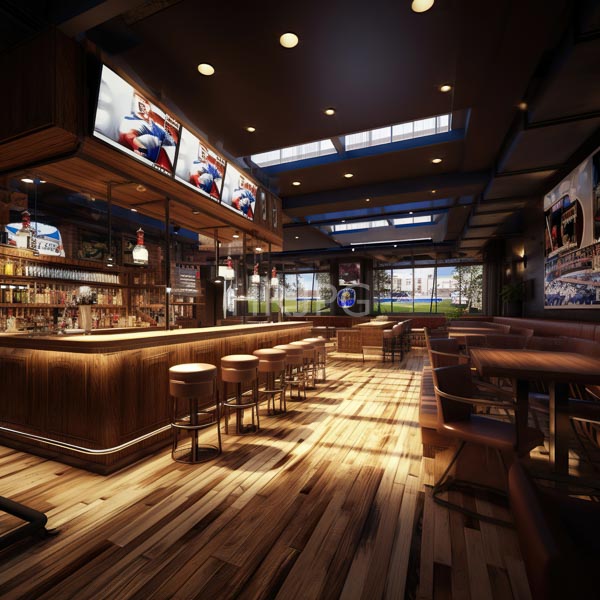 High Resolution: Modern warmly lit bar features wooden floors and stools brown leather seating a wooden counter a glass-fronted liquor display and two large flat-screen TVs download. | HRJPG.com