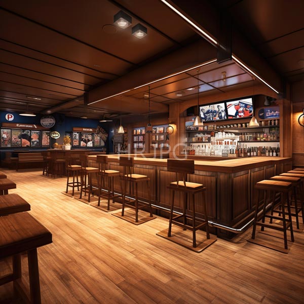 High Resolution: Modern dimly-lit bar features warm wooden floors and ceiling a wooden bar counter with high wooden stools and shelves displaying bottles and a flat-screen TV download. | HRJPG.com