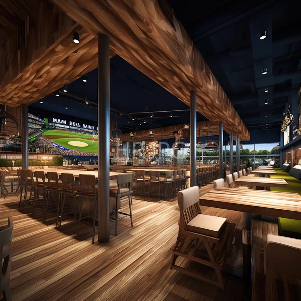 High Resolution: Modern upscale sports bar features wooden textures warm lighting wooden tables and chairs with beige cushions and a large illuminated screen displaying a baseball game download. | HRJPG.com