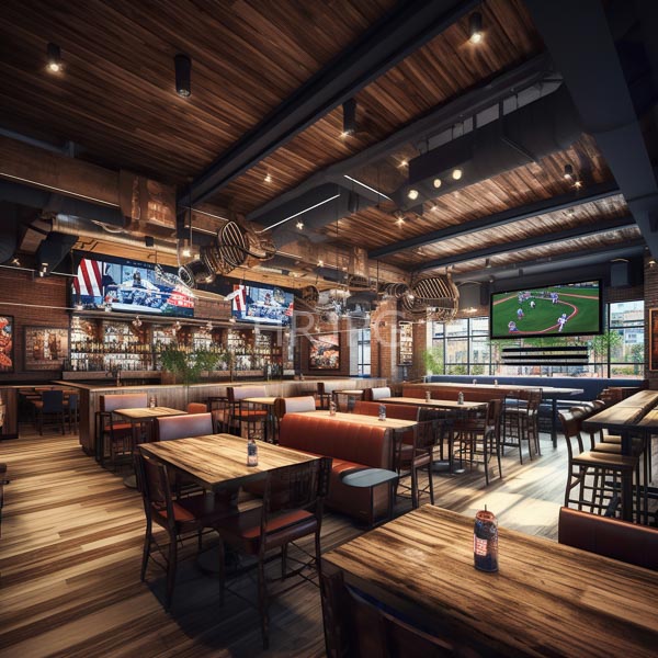 High Resolution: Modern rustic-style sports bar with wooden ceiling and floors features dark wooden tables orange cushioned booths a well-stocked bar and multiple screens displaying sports download. | HRJPG.com
