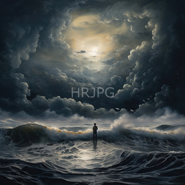 High Resolution: Solitary figure is standing in turbulent ocean waves silhouetted against a dramatic cloudy sky with a glowing partially obscured moon at the center download. | HRJPG.com