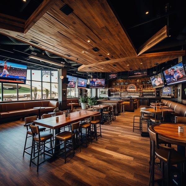 High Resolution: Modern sports bar features a wooden ceiling floor brown leather booths wooden tables with high stools and four wall-mounted TVs displaying sports games download. | HRJPG.com
