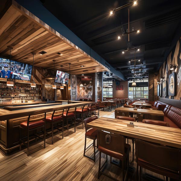 High Resolution: Modern rustic-style bar and restaurant features wooden ceiling panels dark blue walls wooden floors red cushioned barstools and wooden tables with matching benches download. | HRJPG.com