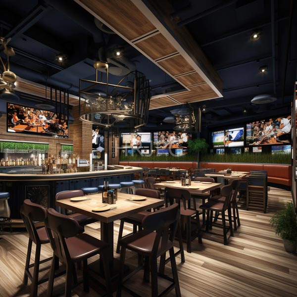 High Resolution: Modern sports bar features dark blue walls wooden ceiling panels striped wooden floors a glass-top counter with a mirror and multiple flat-screen TVs displaying sports download. | HRJPG.com