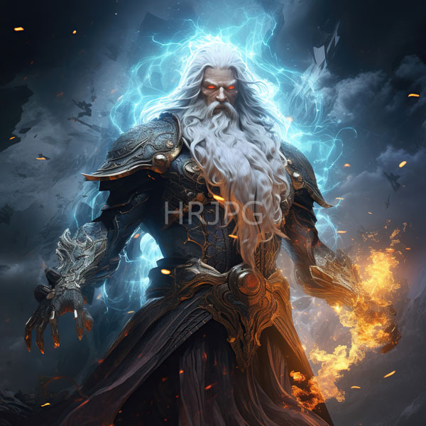 High Resolution: Powerful muscular white-bearded male figure with glowing blue aura and intricate black and gold armor holds a fiery orange flame surrounded by dark smoky clouds download. | HRJPG.com
