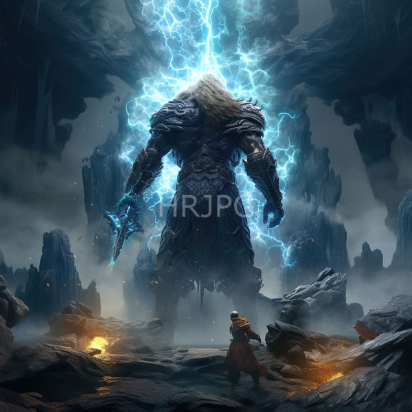 High Resolution: Towering armored figure with a fur-trimmed hood stands before a colossal lightning-encircled entity while a small cloaked figure faces it amidst dark rock formations download. | HRJPG.com
