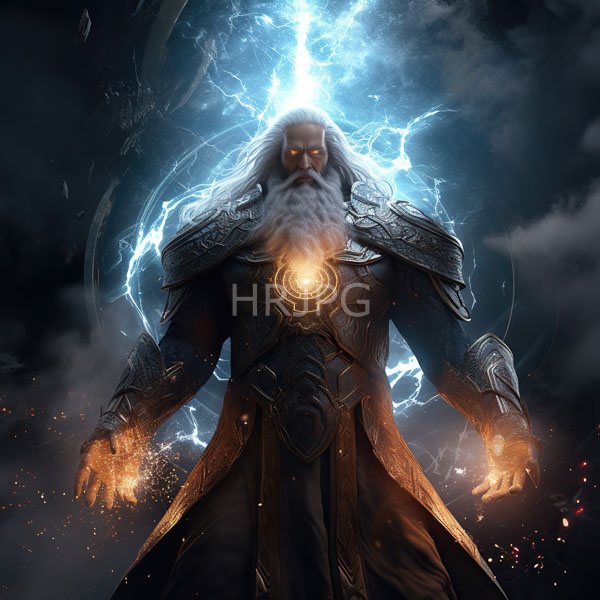 High Resolution: Powerful elderly bearded man with glowing blue lightning emanating from his head wears ornate dark metallic armor with a glowing circular emblem download. | HRJPG.com
