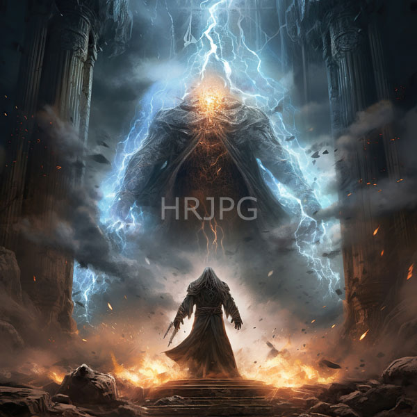 High Resolution: Cloaked figure stands at the bottom of a fiery staircase facing a towering lightning-encrusted fiery-eyed deity framed by tall ancient columns with debris download. | HRJPG.com