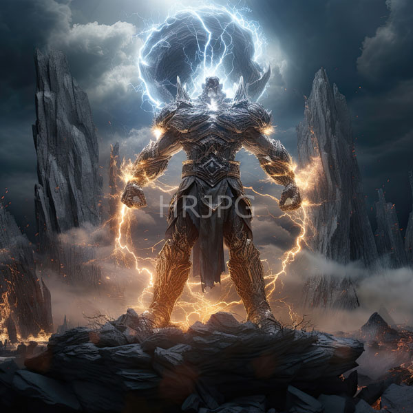 High Resolution: Muscular armored figure with a glowing electrified aura stands on jagged rocks with its head enveloped in bright swirling lightning under a stormy cloudy sky download. | HRJPG.com