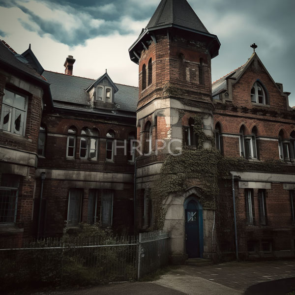 High Resolution: Gothic-style red-brick Victorian building with ivy-covered walls a tall pointed tower and arched windows has a blue front door and a weathered appearance download. | HRJPG.com