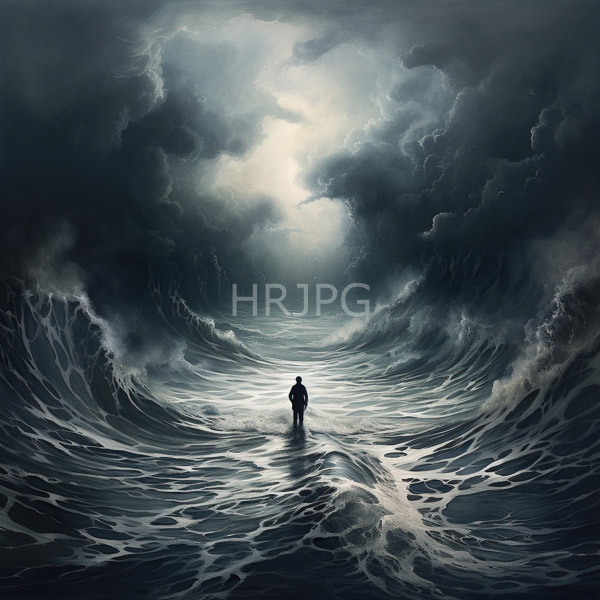 High Resolution: Solitary figure silhouetted in dark clothing stands in the center of a towering turbulent ocean wave facing forward amidst swirling dark gray waves download. | HRJPG.com