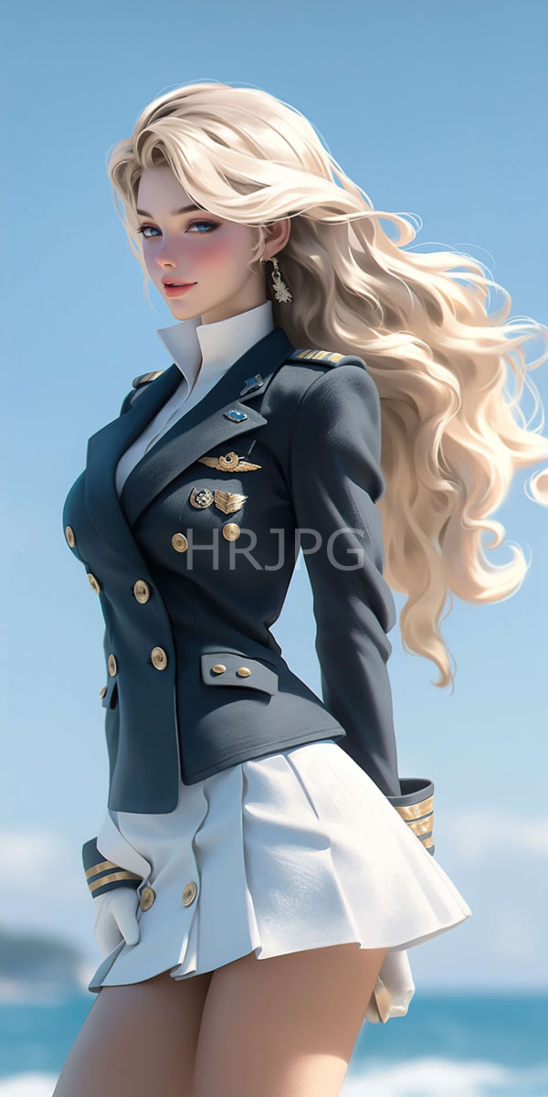 High Resolution: Beautiful blonde fair-skinned woman with long wavy hair wears a navy blue military-style jacket and a white pleated skirt standing against a clear sky download. | HRJPG.com